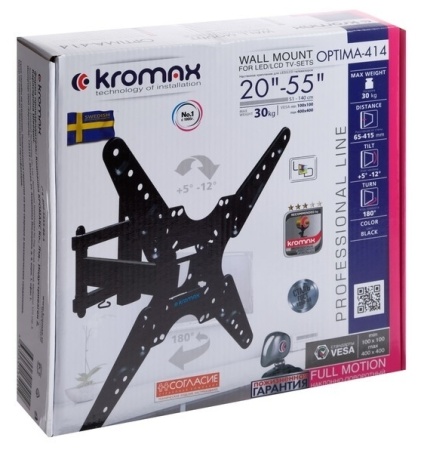 Кронштейн Kromax OPTIMA-414, для ТВ 20"-55", настенный, 5 ст.свободы, наклонно-поворотный, до 30 кг