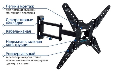 Кронштейн Kromax OPTIMA-414, для ТВ 20"-55", настенный, 5 ст.свободы, наклонно-поворотный, до 30 кг