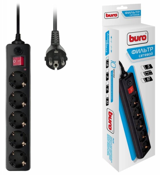 Сетевой фильтр Buro 500SH-5-B 5м (5 розеток) черный Сетевой фильтр Buro 500SH-5-B 5м (5 розеток) черный