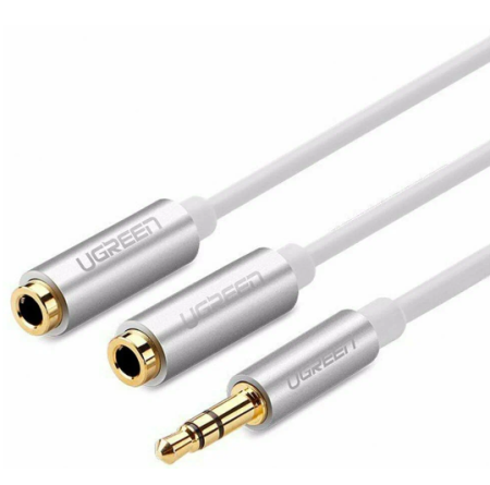 Хаб UGREEN AV123 (10780) 3.5mm Aux Stereo Audio Splitter Cable with Braid. Длина: 20 см. Цвет: серебристый	